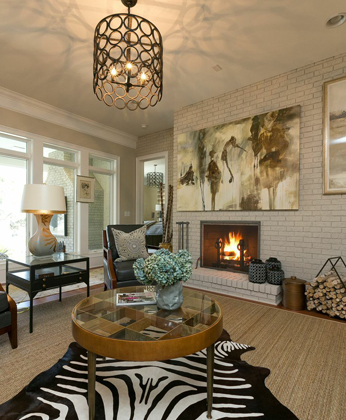Zebra rug coastal living room interior design by Shannon Bogan Designs